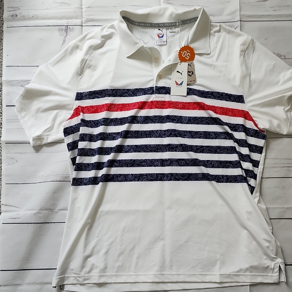 Puma White and Blue Striped Polo Shirt